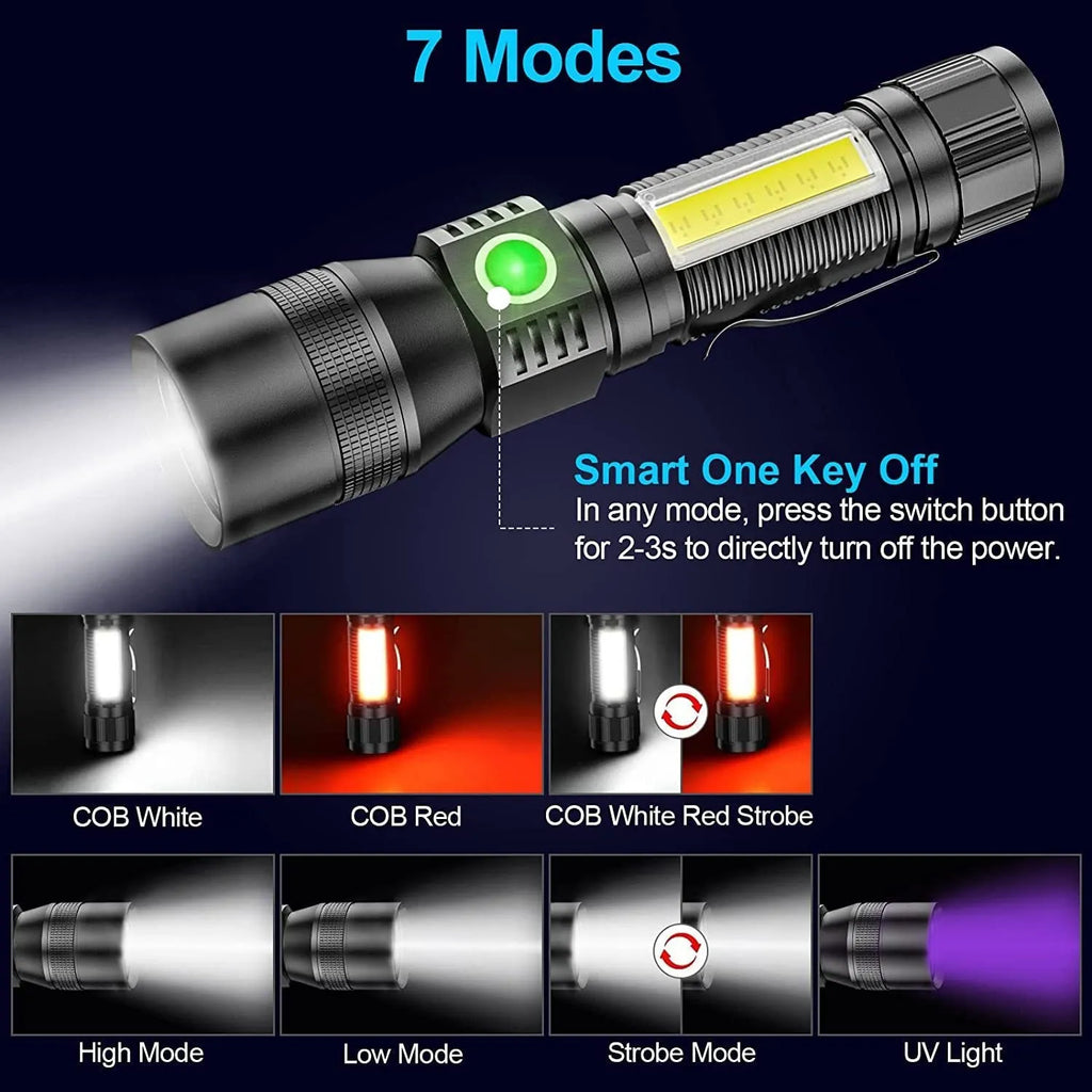 Aluminium alloy multifunctional magnet USB rechargeable flashlight with 10W strong focus beam and 2000mAh battery on white background