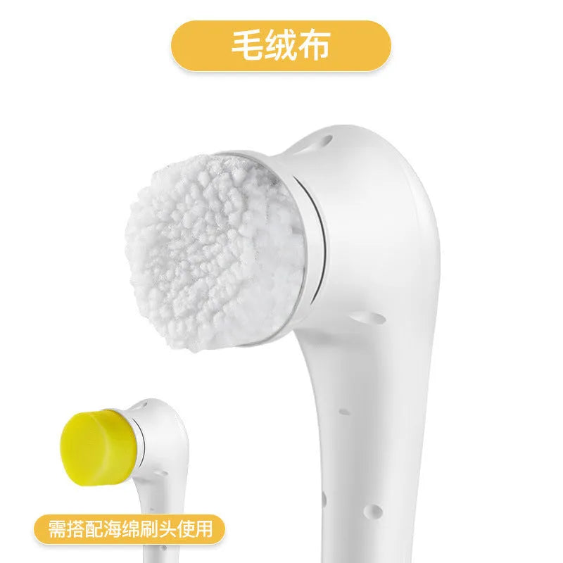 White cordless electric handheld scrubber with five different brush heads on a charging cable.