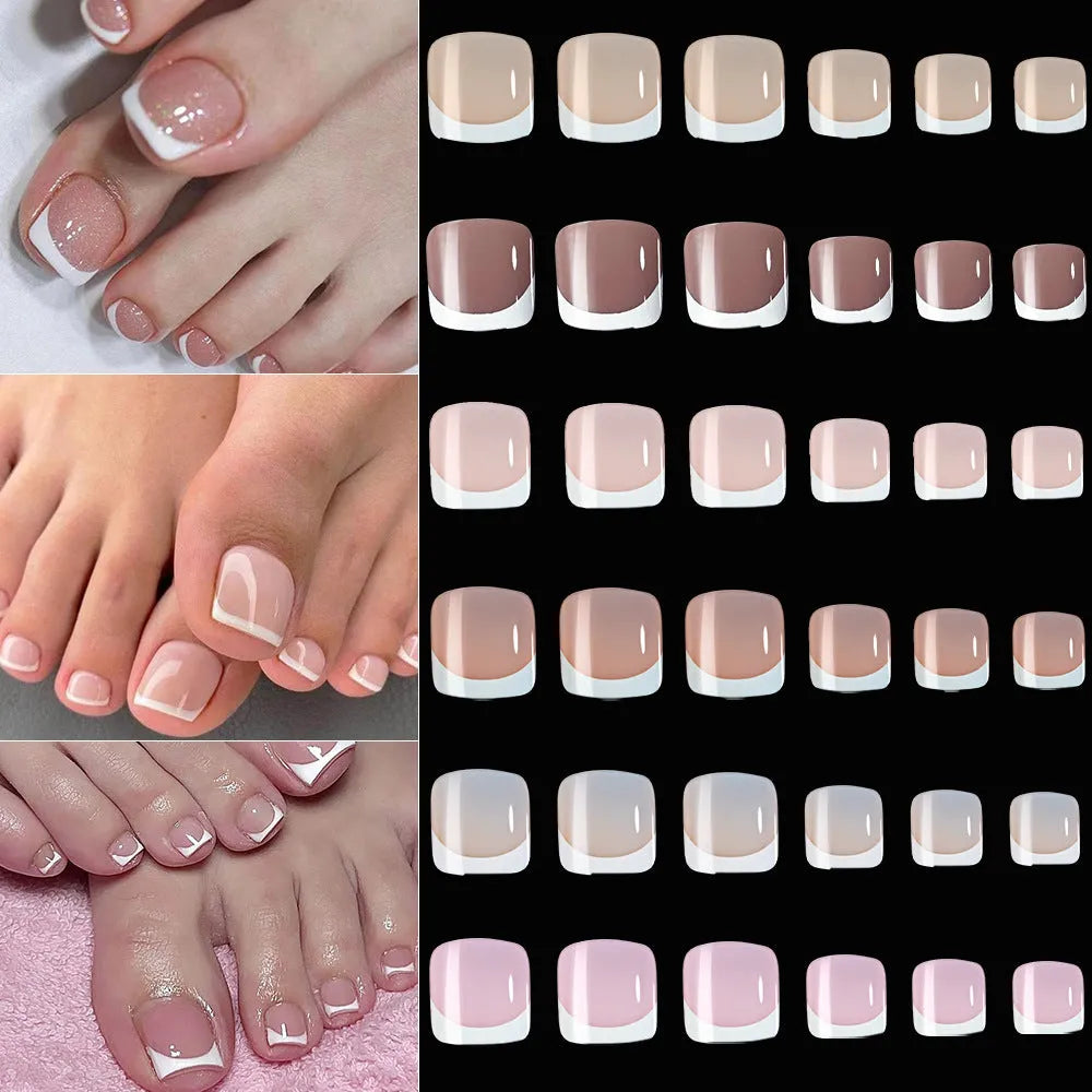 120-piece box of French white edge full square short acrylic nail tips in nine nude colours.