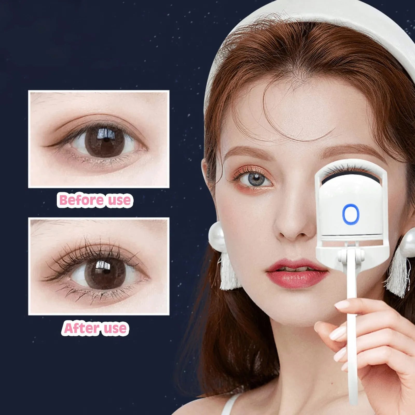 Pink and white USB rechargeable heated eyelash curler with dual temperature settings.