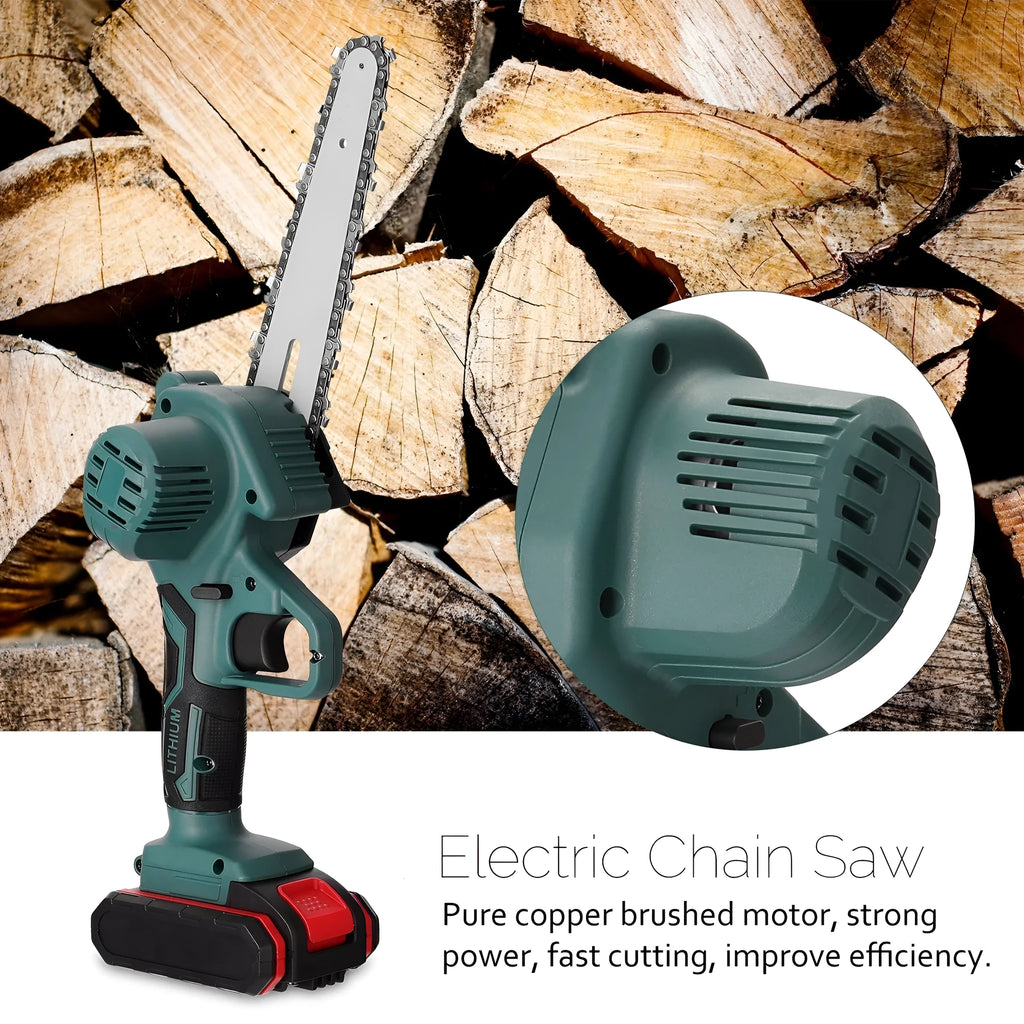 Black and green mini electric chainsaw held in one hand, showing compact design and 4-inch cutting bar.