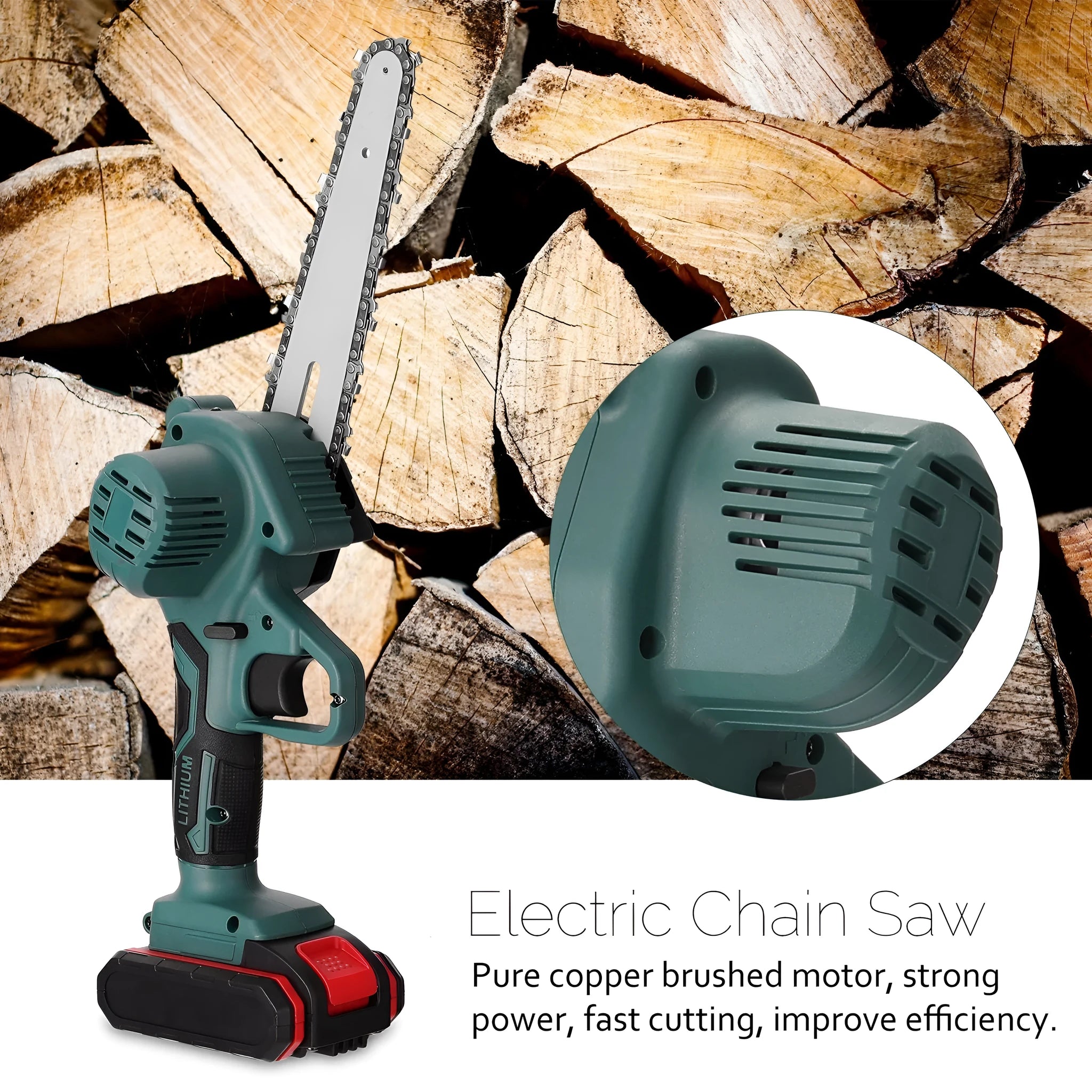 Black and green mini electric chainsaw held in one hand, showing compact design and 4-inch cutting bar.