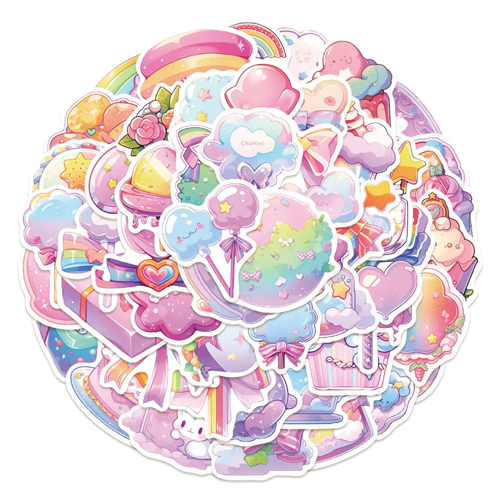 Pack of 50 sheets of fresh candy and small object design waterproof decorative stickers.