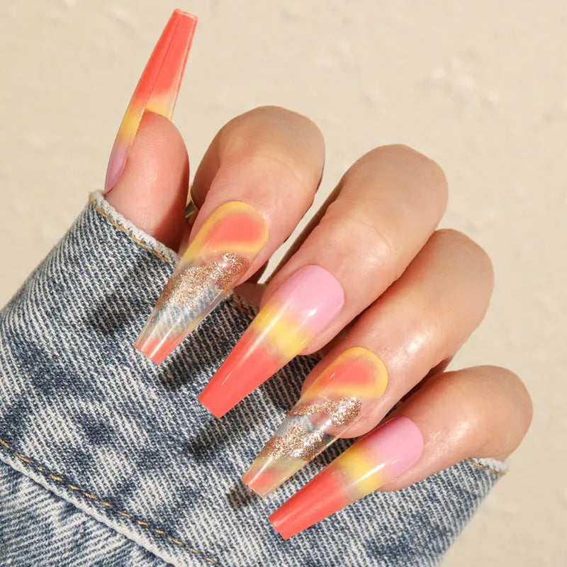 Rainbow gradient fake nails long pointed marble pattern 24 pieces with glue