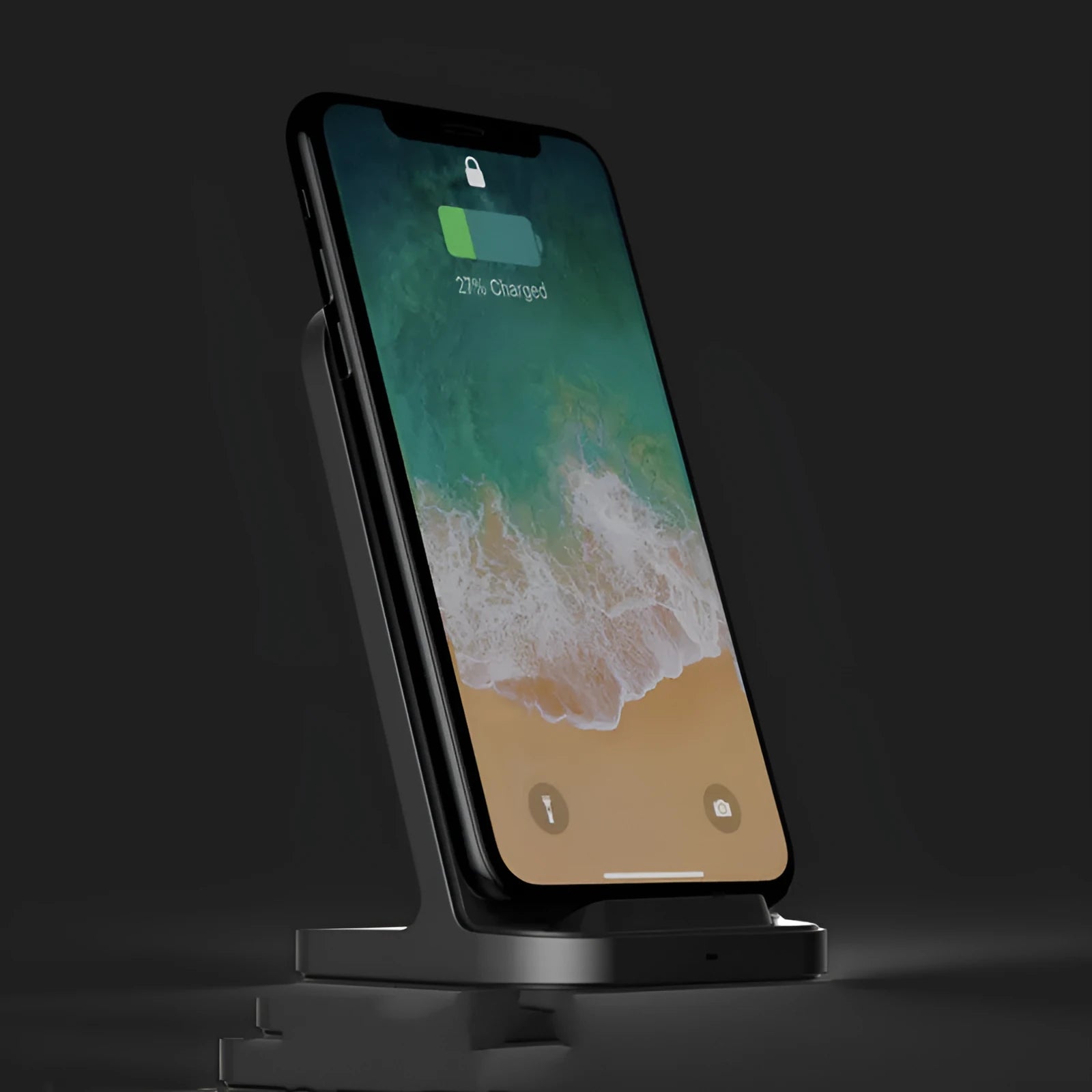 Dark grey vertical wireless charging stand for Apple phones on desktop