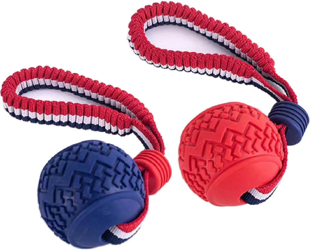 Blue or red natural rubber dog ball with attached rope toy for small and medium breed dogs
