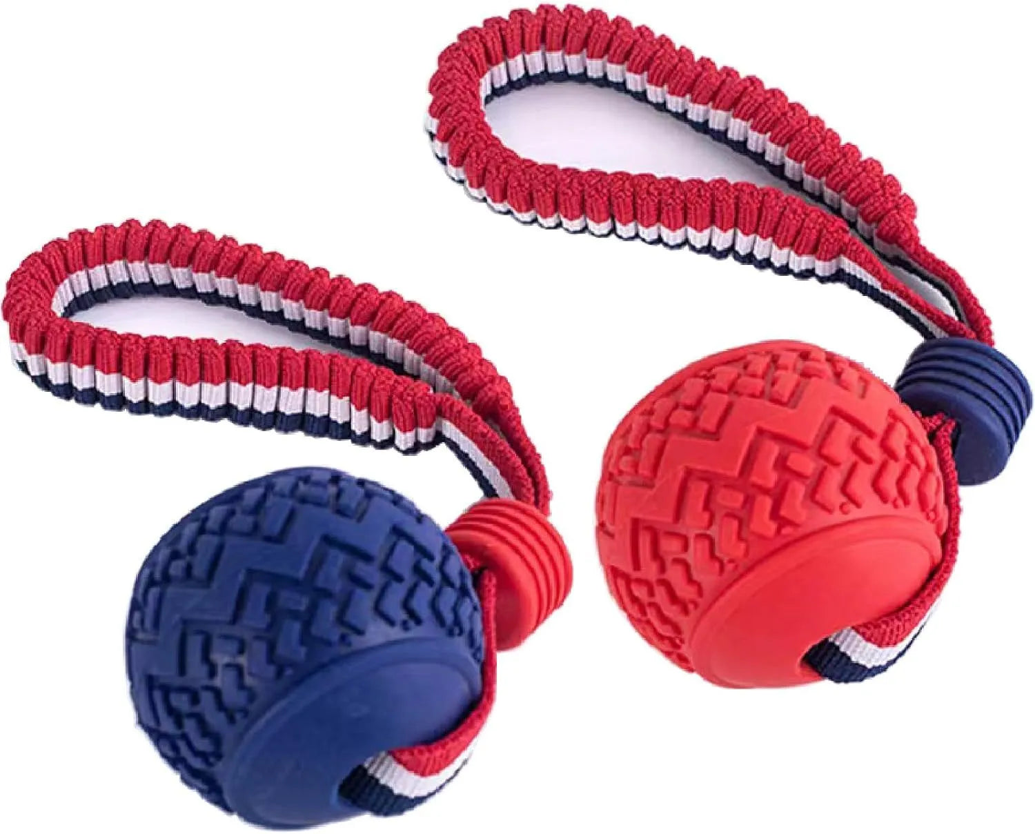 Blue or red natural rubber dog ball with attached rope toy for small and medium breed dogs