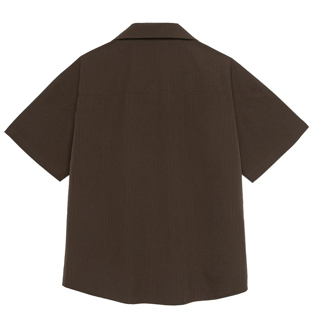 Brown striped outdoor waterproof Cuban collar short sleeve shirt on hanger