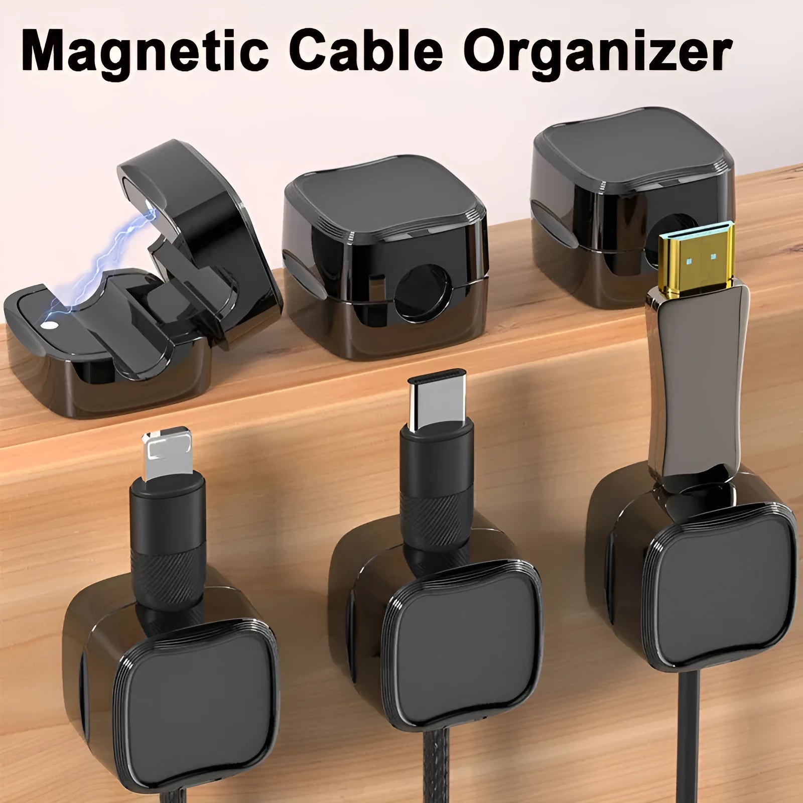 White and black magnetic cable clips for under desk cable management with 2kg capacity