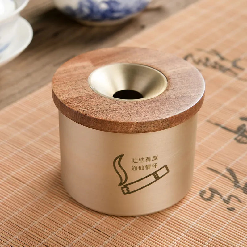 Retro solid copper ashtray with a wooden lid featuring a centre hole, shown with black and red wood options.