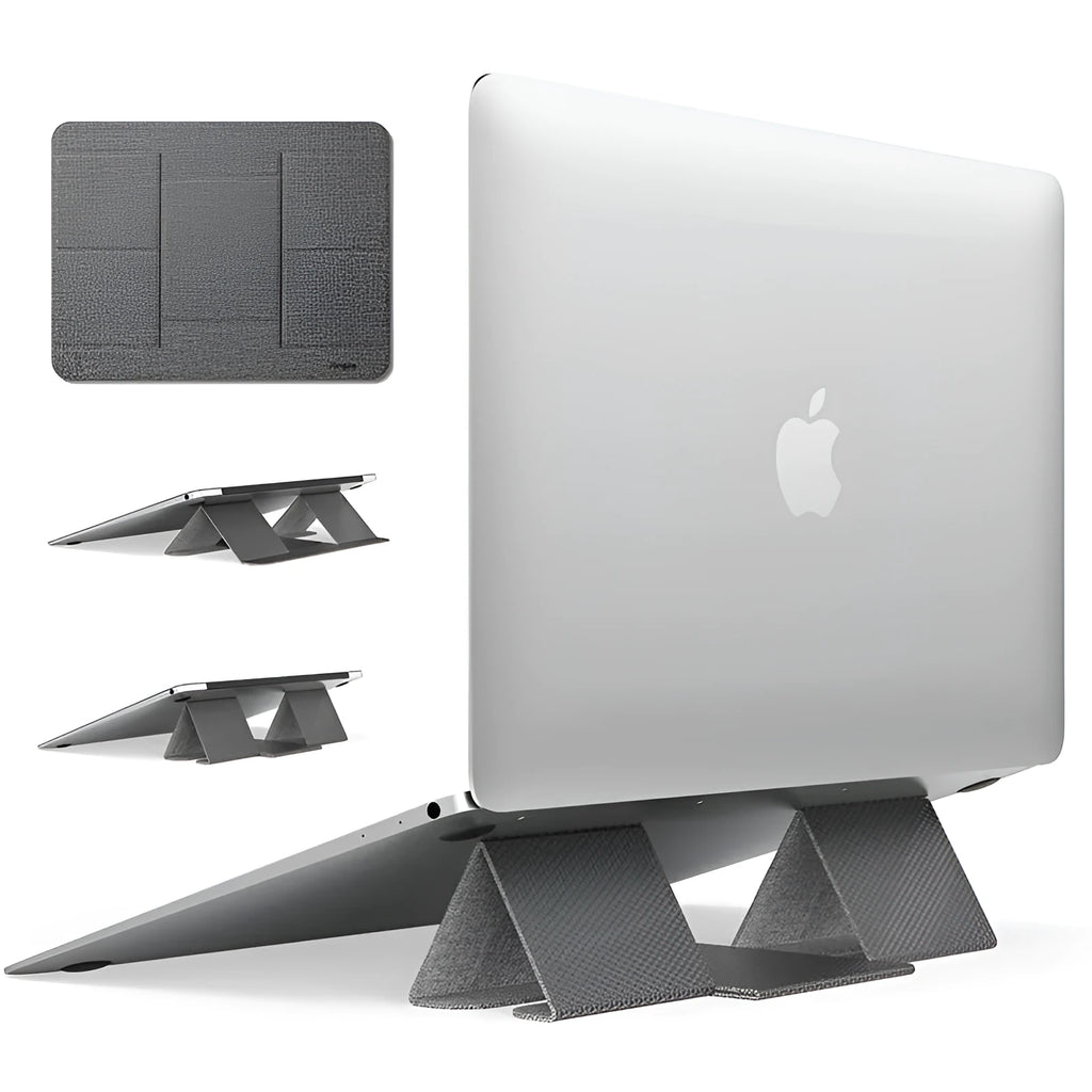 Ringke Folding Stand2 portable laptop stand in grey, folded open with a notebook placed on top