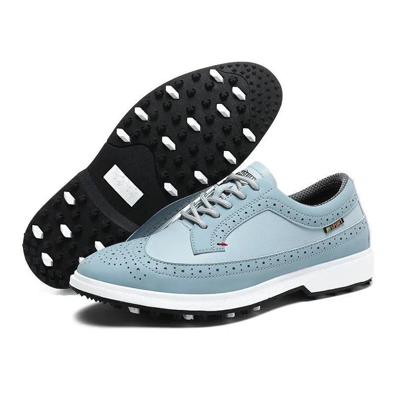 Men's golf shoes with genuine leather upper and non-slip rubber outsole in Lake Blue and White colours