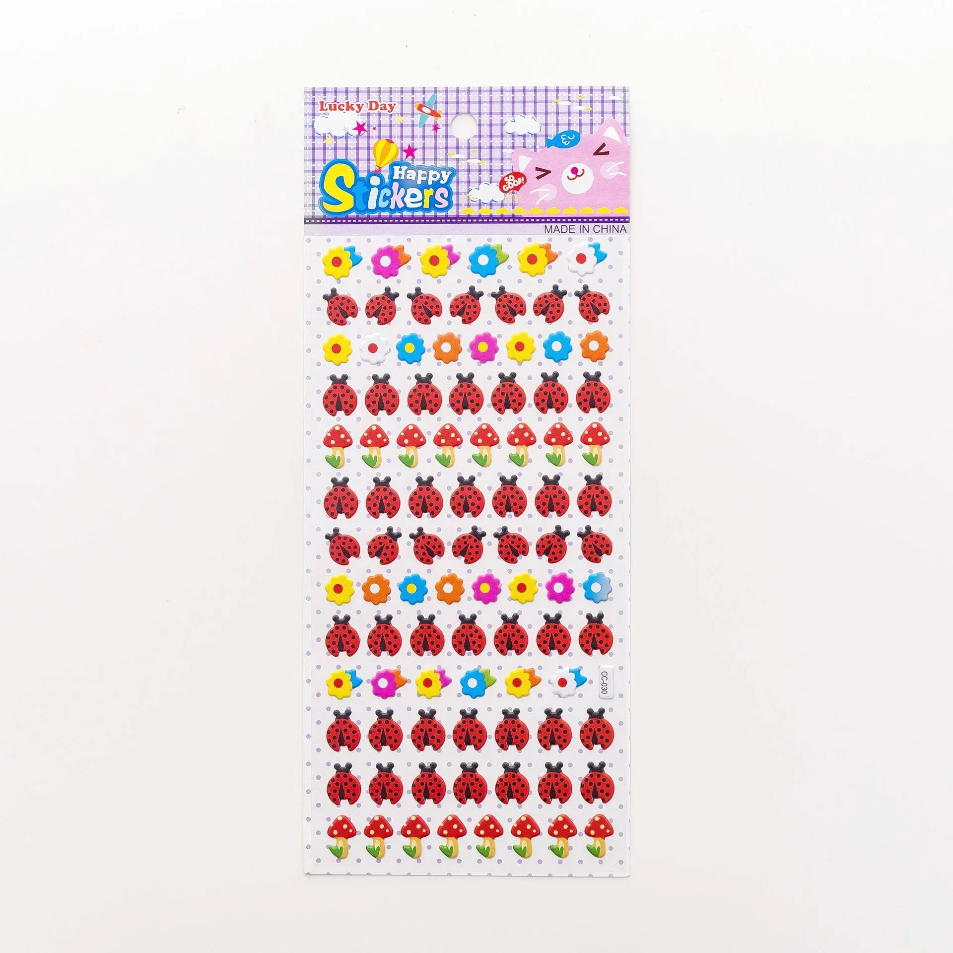 Pack of colourful 3D bubble stickers showing raised cartoon designs of an alpaca, cat, dinosaur, and sweetheart motifs.