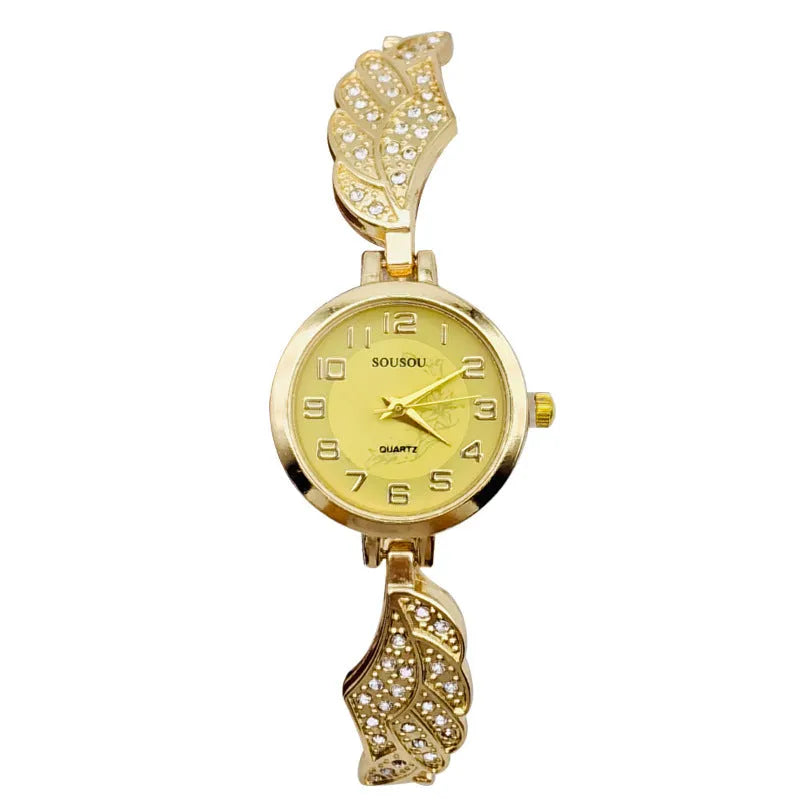 Women's stainless steel watch with round dial and 9mm thickness showing gold face option