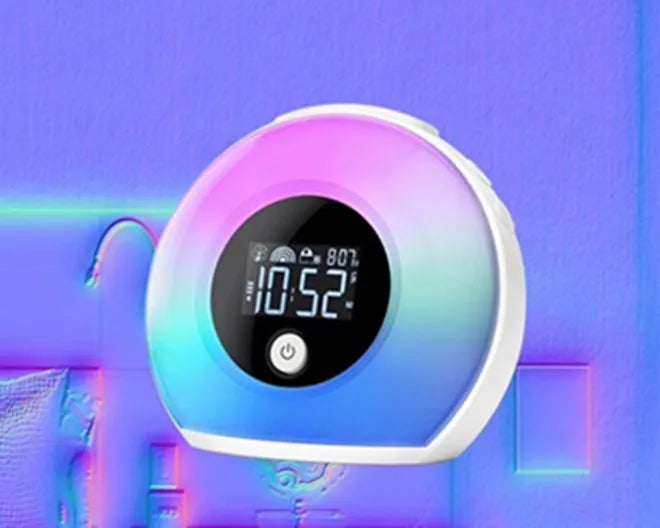 Digital music alarm clock with VA LCD display, Bluetooth 5.0 speaker, and fluorescent lighting effects in colourful mode