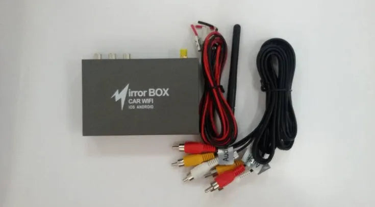 Black car mirror link box Wi-Fi converter with AV cable, power cable, and antenna for smartphone screen mirroring.