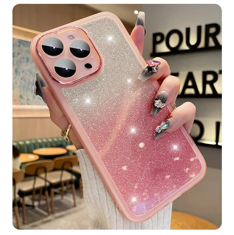 Gradient glitter TPU soft case for iPhone 15 Pro Max in star silver with electroplated rainbow finish