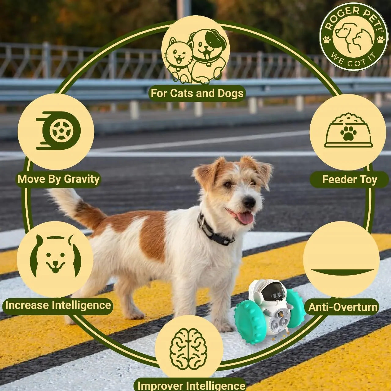 Self-balancing dog treat dispenser puzzle toy with robot design in multiple colours