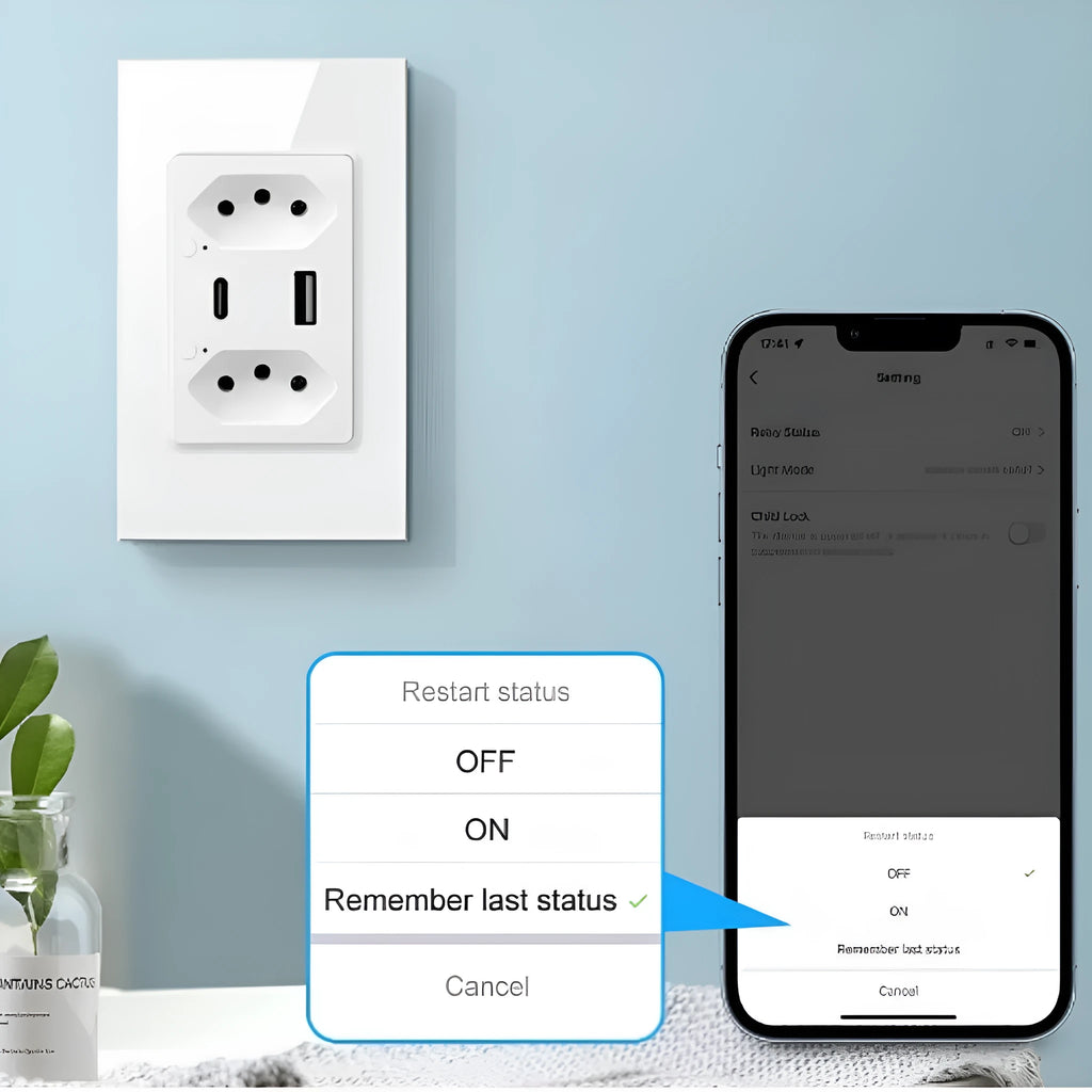 Brazil wall socket with 6 holes, 2 USB Type-C ports, Wi-Fi 2.4GHz, black model