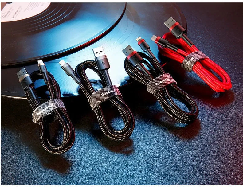 Braided nylon Lightning charging cable for iPhone in red and black colour option, showing 1m length.