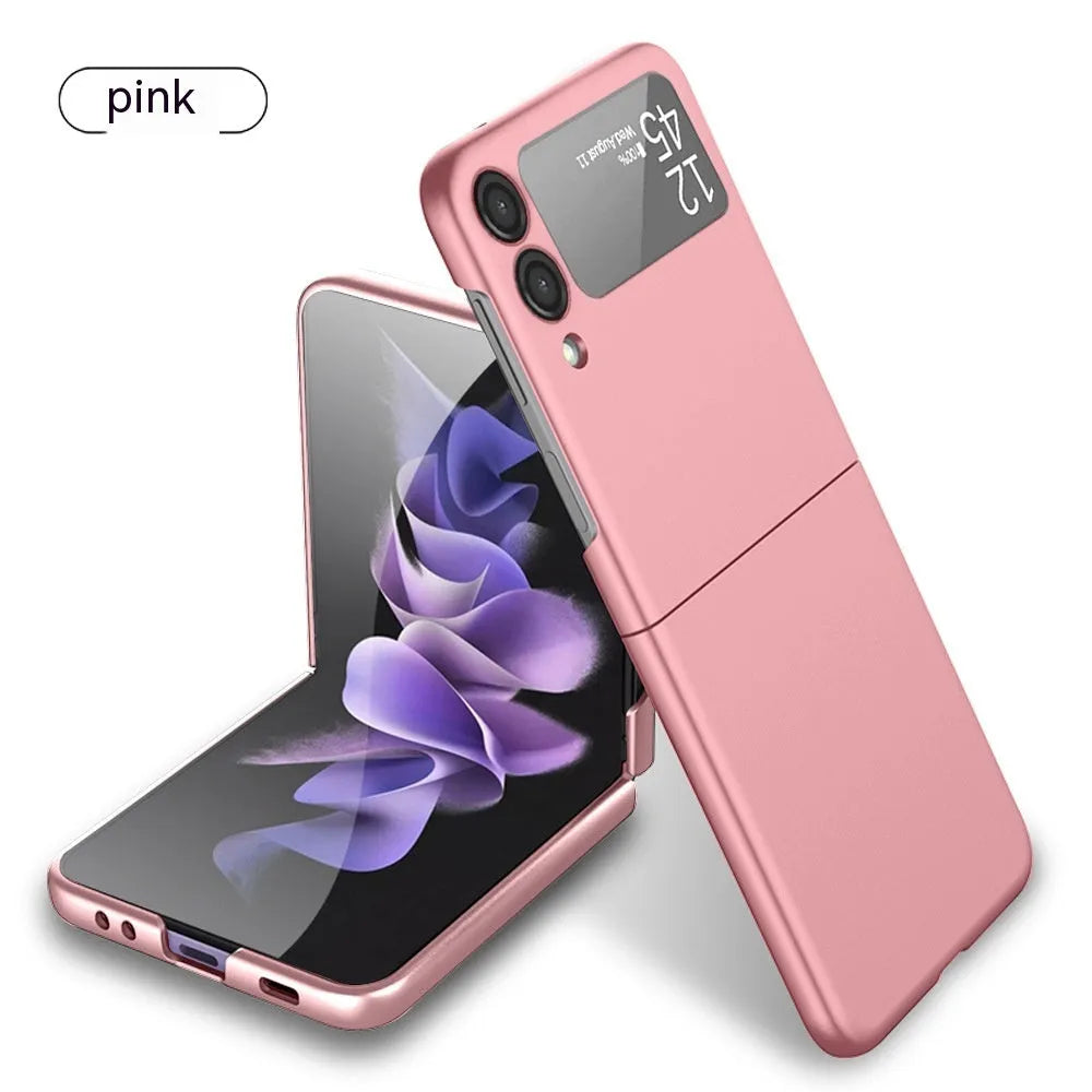 Oil injection foldable phone case for Samsung Galaxy Z Flip 3 and Z Flip 4 in black, with mirror finish and bracket