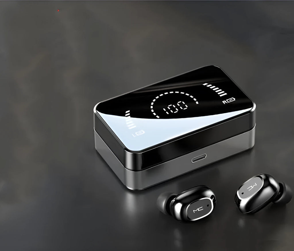 Mini in-ear Bluetooth headset in black or white with battery display, Bluetooth 5.0, 10m range and stereo earplug design