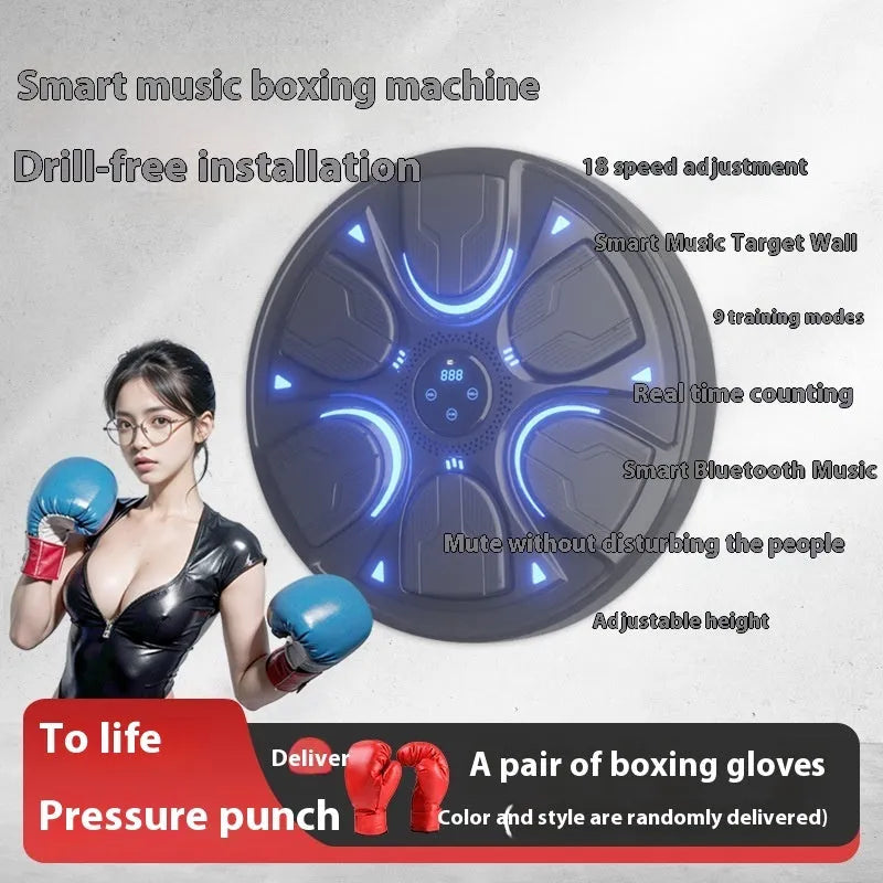 Black leather intelligent music boxing machine wall target with attached gloves for home training