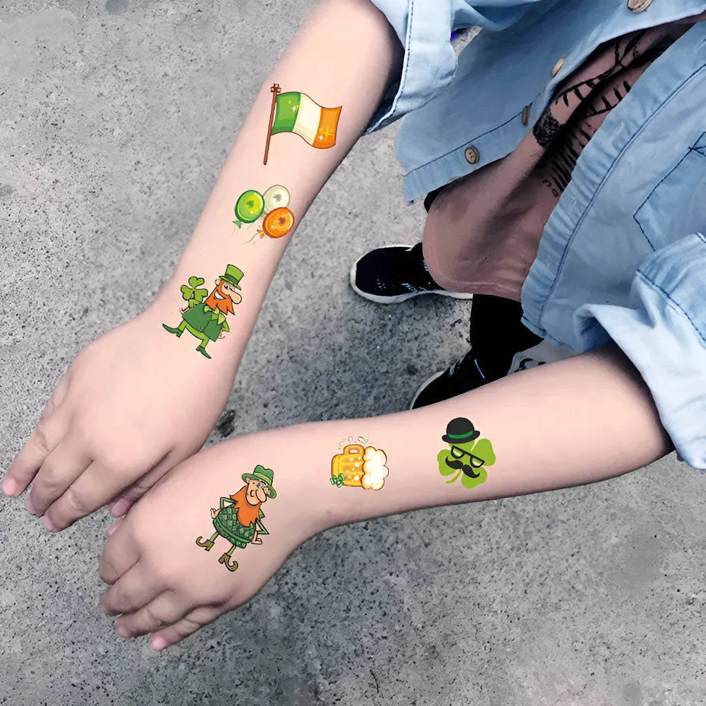 Sheet of St. Patrick's Day clover temporary tattoo stickers showing green design, measuring 120 by 75 millimetres.