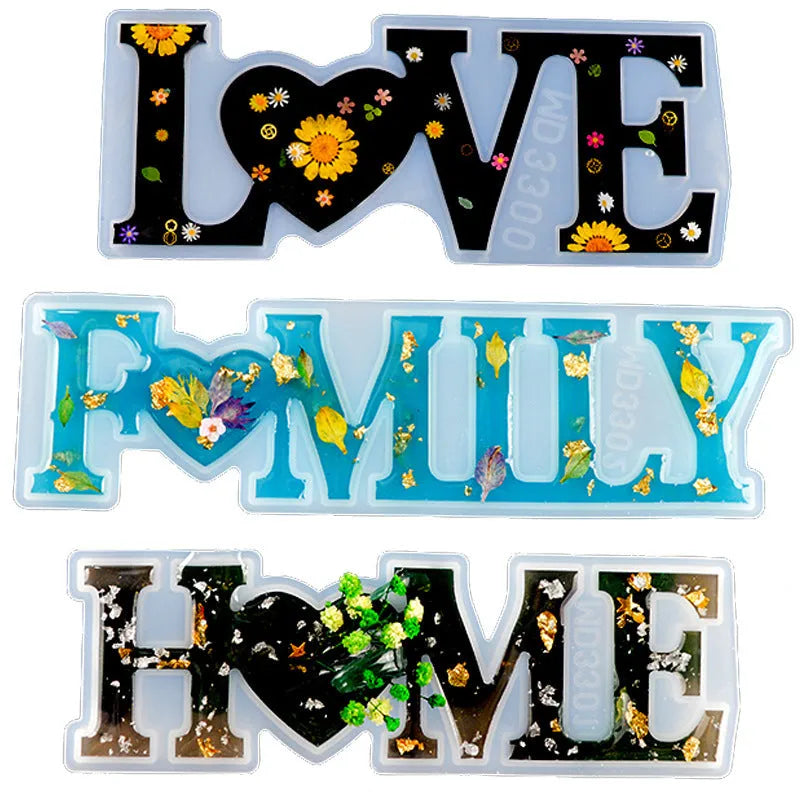 Silicone epoxy mould showing English alphabet letters and love, home, family word designs for resin jewellery making