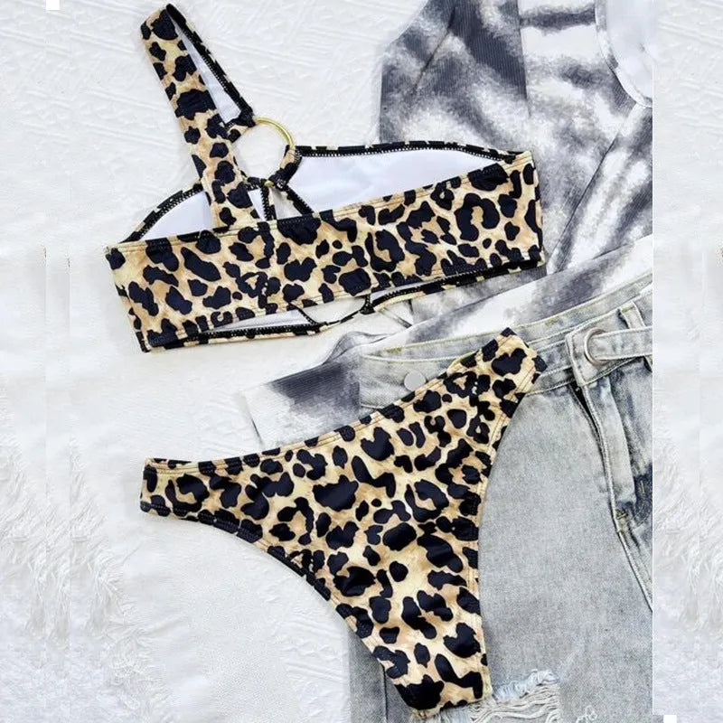 Women's leopard print polka dot hollow bikini swimsuit with top and shorts