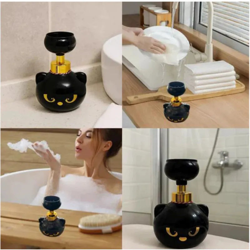 Black plastic cartoon cat-shaped soap extrusion dispenser accessory on countertop