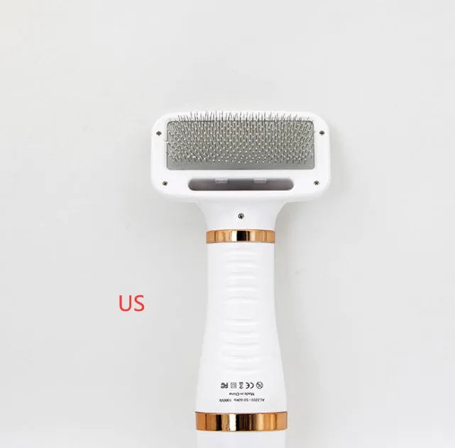 2-in-1 gold pet drying brush with comb, 304 stainless steel needles, rotating head, and UK plug