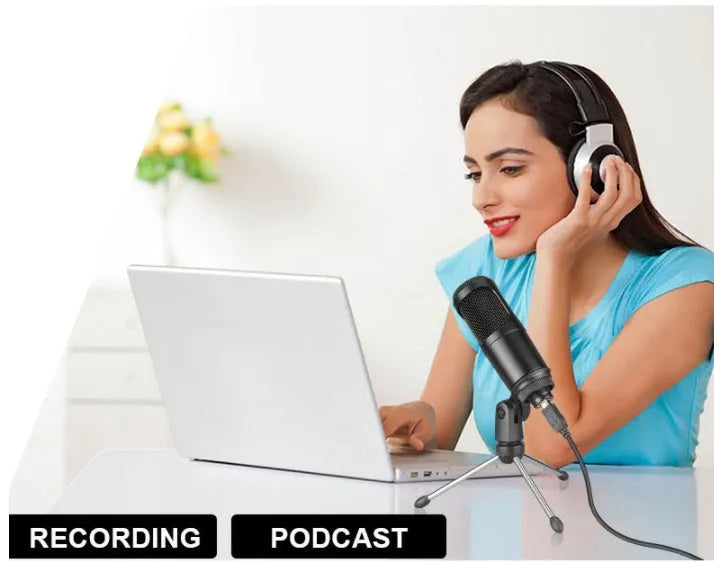 Black USB condenser microphone with integrated volume knob for laptop recording