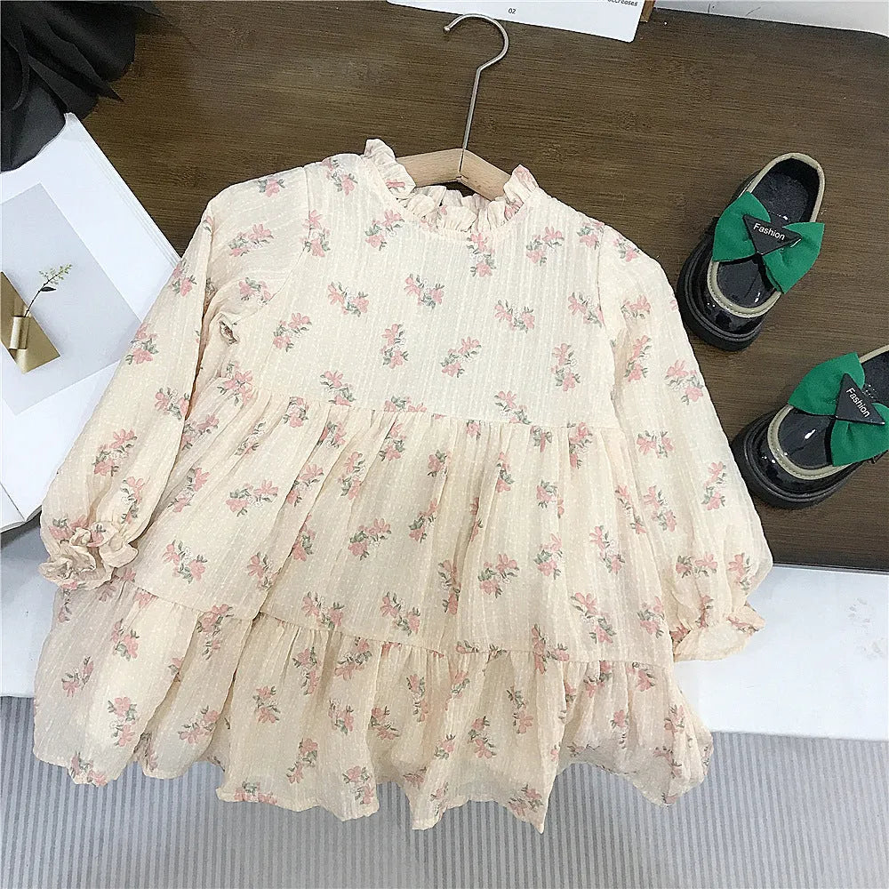 Girls' pink mohair puff sleeve knitted cardigan and orange chiffon dress set, Korean style, sizes 90cm to 140cm