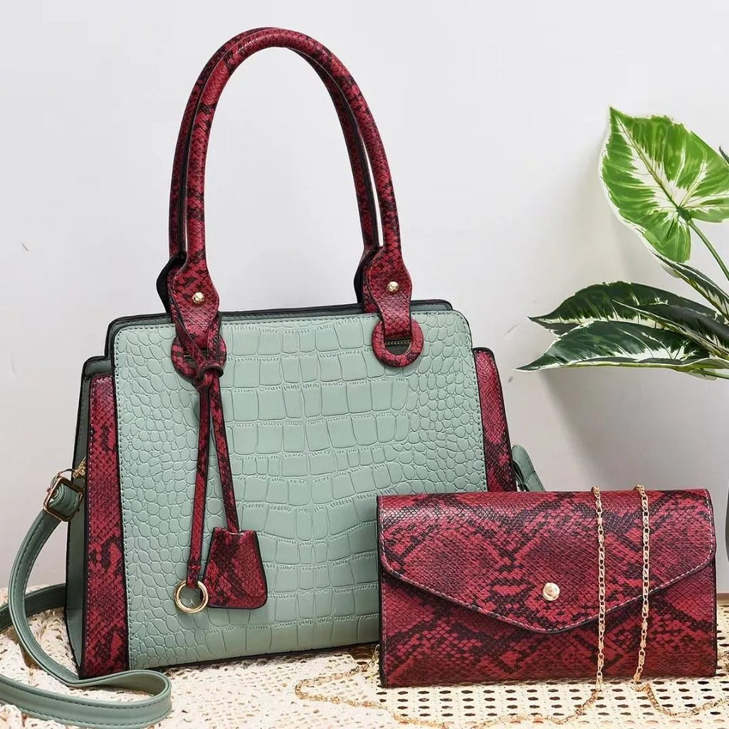 New Serpentine Stitching Fashion Combination Bags, PU leather handbag and crossbody bag set with contrast colour accents, available in multiple colours