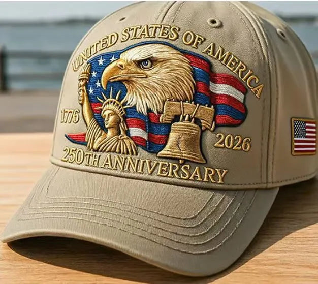 Machine-embroidered American eagle head on a cotton dome crown baseball cap in 250th anniversary colours