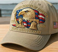 Machine-embroidered American eagle head on a cotton dome crown baseball cap in 250th anniversary colours