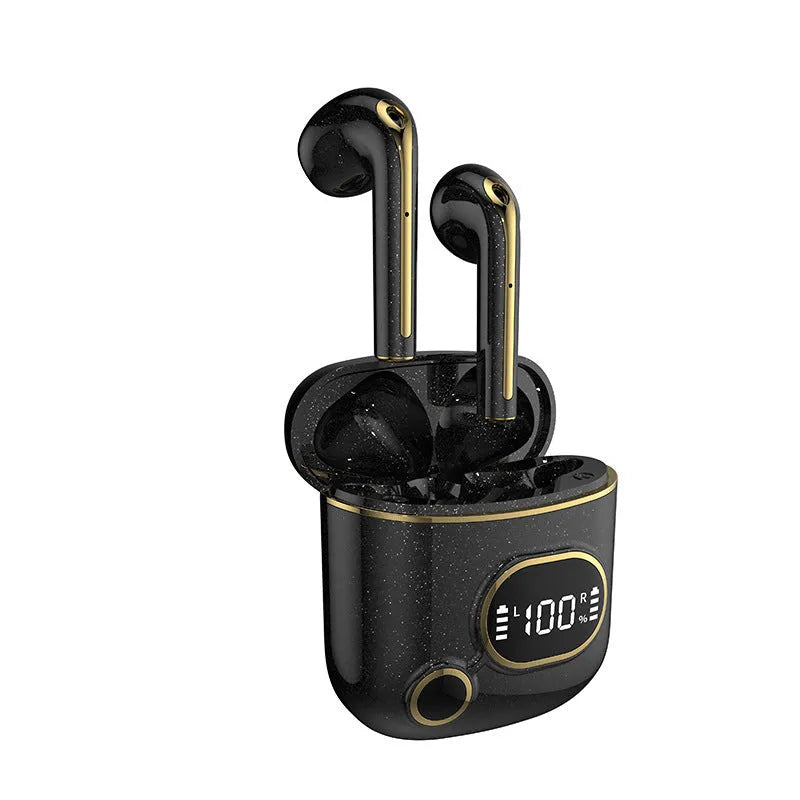 Wireless binaural earplug earbuds with touch digital display, black finish, Bluetooth 5.2