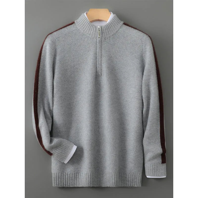 Sheep wool half-zip knitted pullover sweater in slim fit on a hanger.