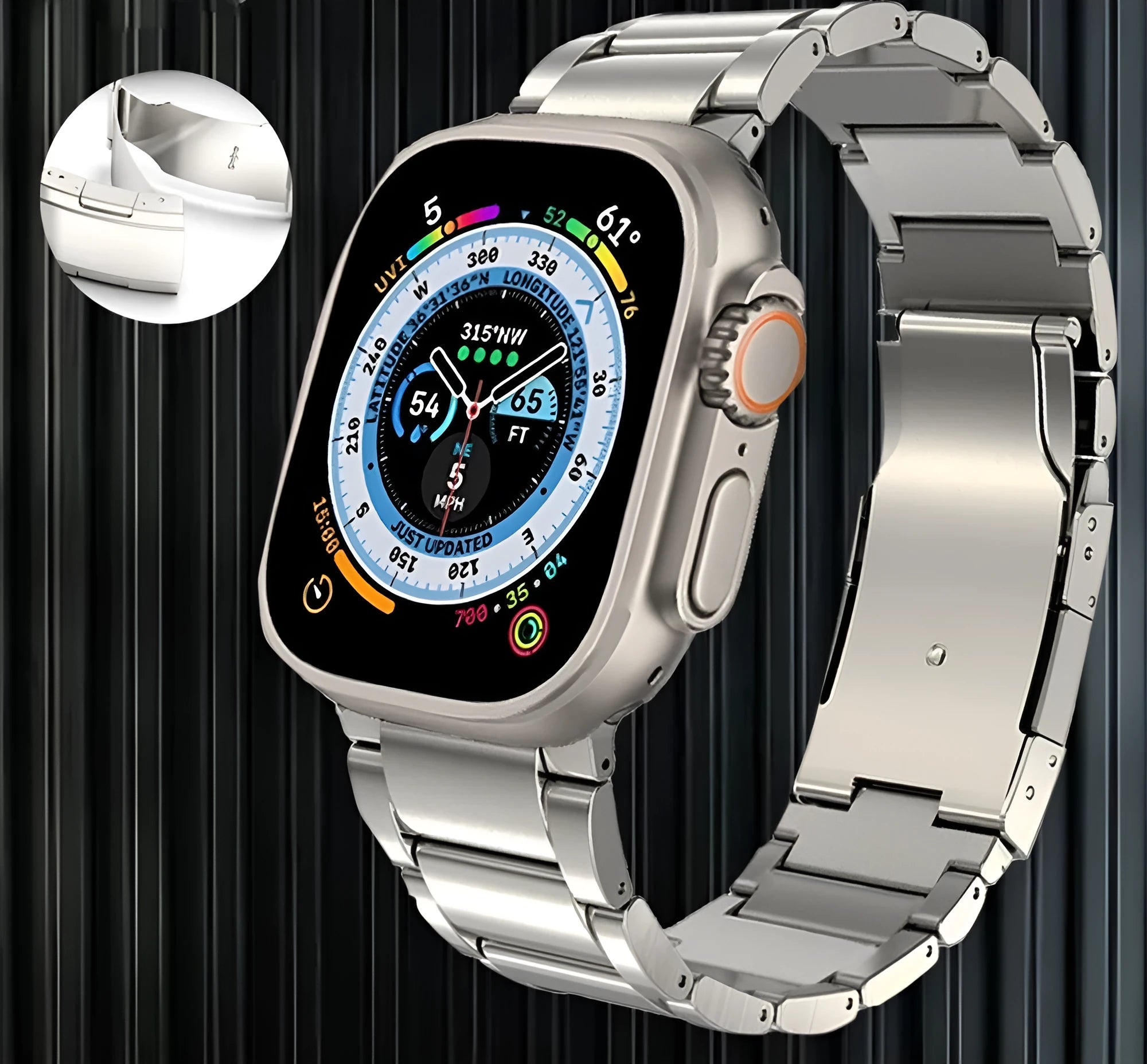 Titanium alloy Apple Watch replacement strap with folding buckle in black and silver colours