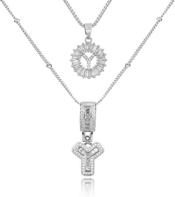 26 English letters copper-plated gold diamond initial pendant necklace with adjustable chain on display