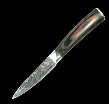 7Cr17 stainless steel kitchen knife with laser Damascus pattern on blade and colour steel handle.