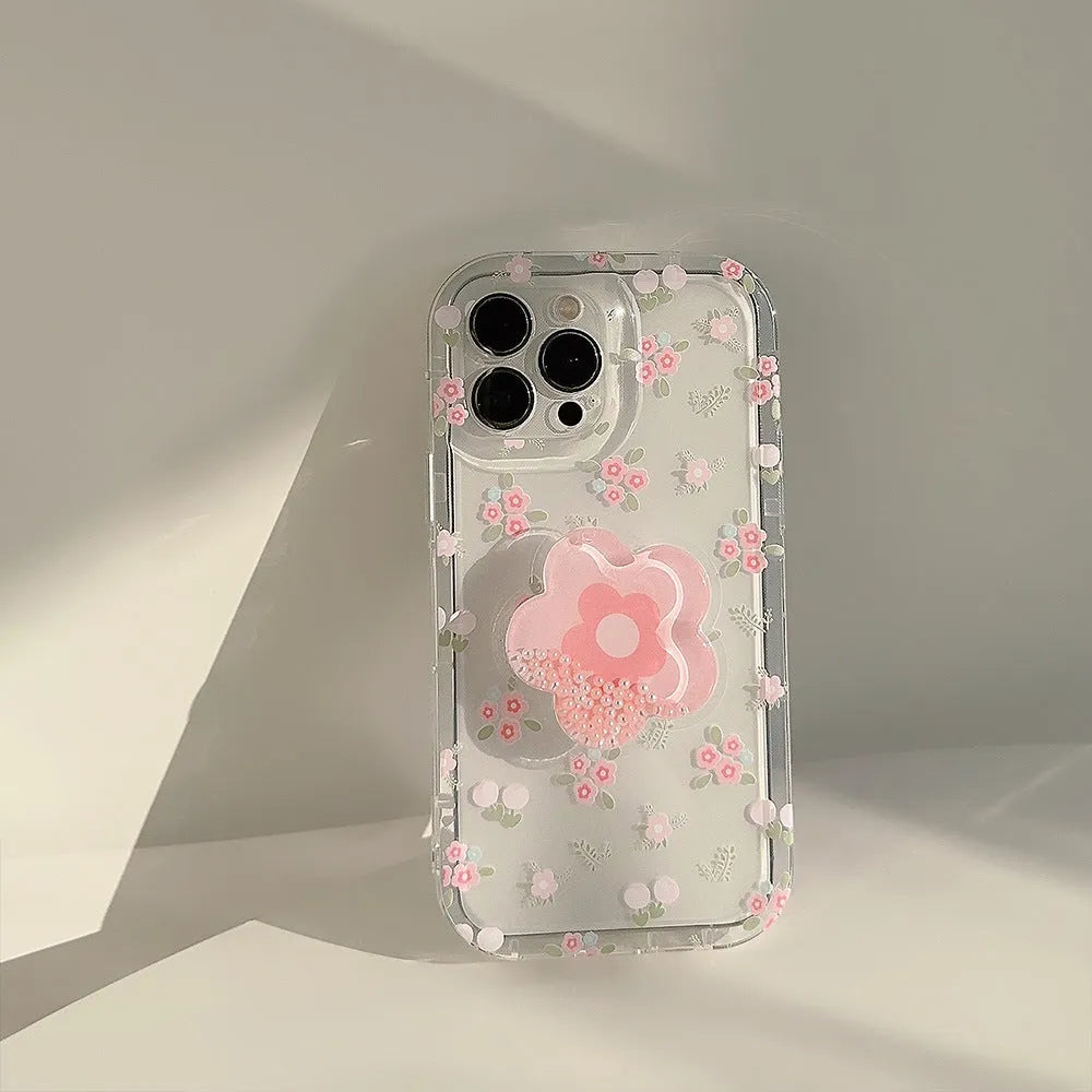 Crushed flower flowing sand transparent TPU phone case with stand for Apple iPhone, 1.5mm thickness, precise cutouts