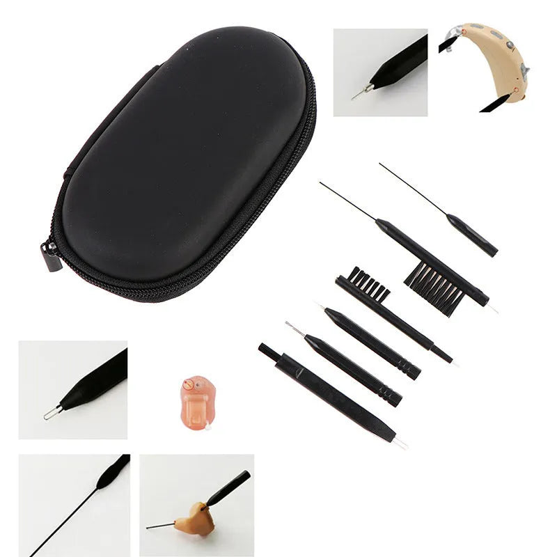 Hearing aid cleaning care kit with cloth, brush, ventilation rod, screwdriver and needle removal tool, 12x7x3cm pack