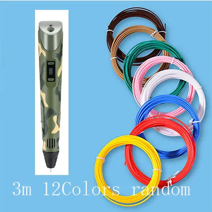 Yellow 3D printing pen with 12 colour PLA filament spools and UK power adapter on a white background