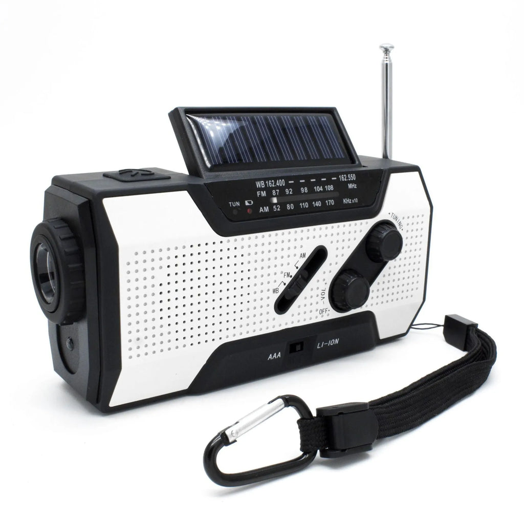 Pocket solar radio in engineering plastic, waterproof, solar charging, available in green, red, white, and yellow.