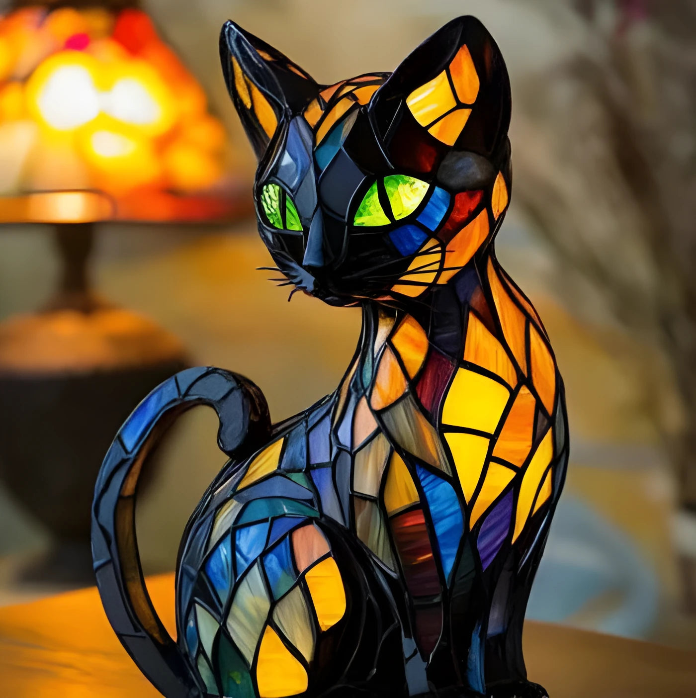Resin cat-shaped LED night light with button switch on a wooden table