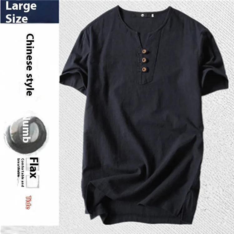 Men's loose cotton and linen T-shirt in apricot colour showing short sleeves and pullover style