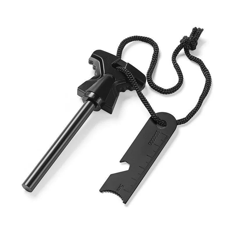 Stainless steel butterfly-shaped firestone survival tool with integrated bottle opener.