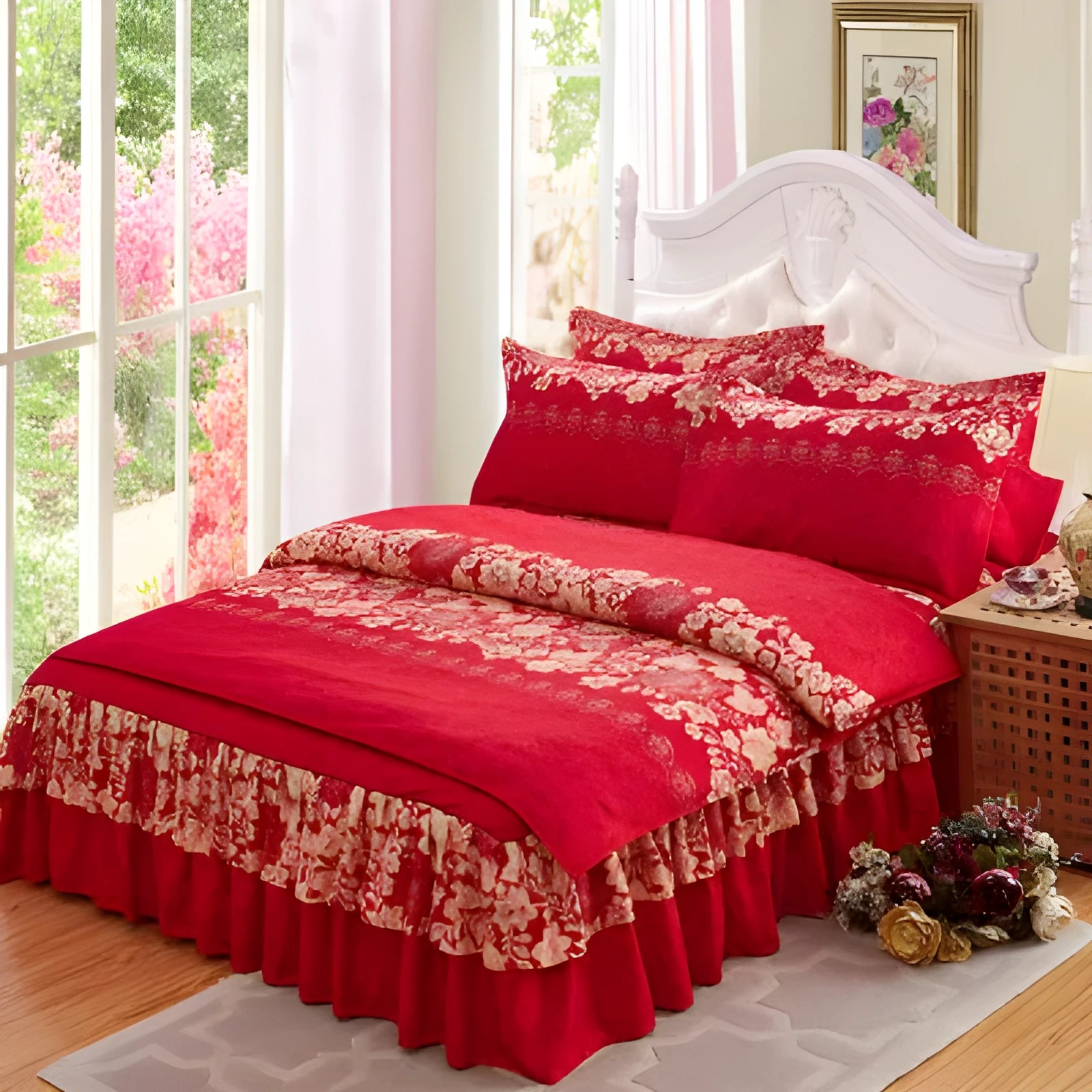 Bilateral pure cotton bed skirt set in blue with even drape on both sides of a Simmons bed